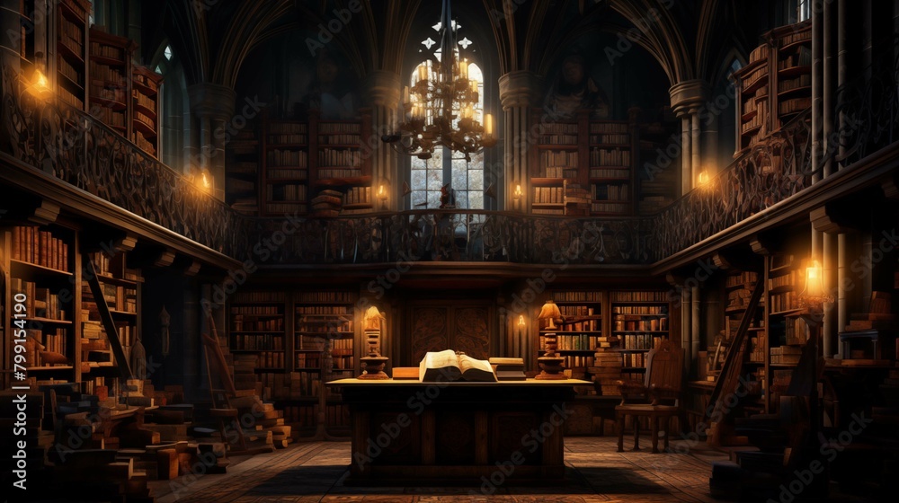 Elegant library with grand table and open book illustration. Scholarly ambiance wallpaper scene artwork. architectural splendor candlelight background image digital art concept Elegant library with grand table and open book illustration. Scholarly ambiance wallpaper scene artwork. architectural splendor candlelight background image digital art concept