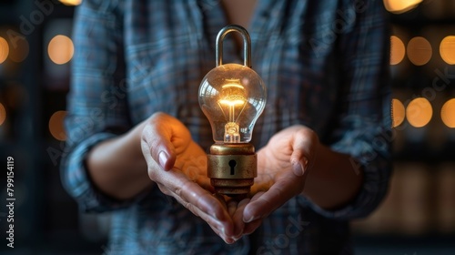 An owner of a business standing with a padlock and a light bulb idea that cannot be copied, protecting intellectual property through patent protection, copyright and trademark.