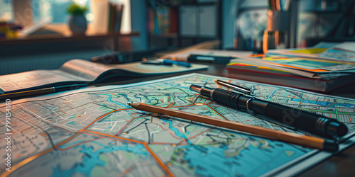 Close-up of a urban planner's desk with city maps and zoning documents, representing a job in urban planning photo