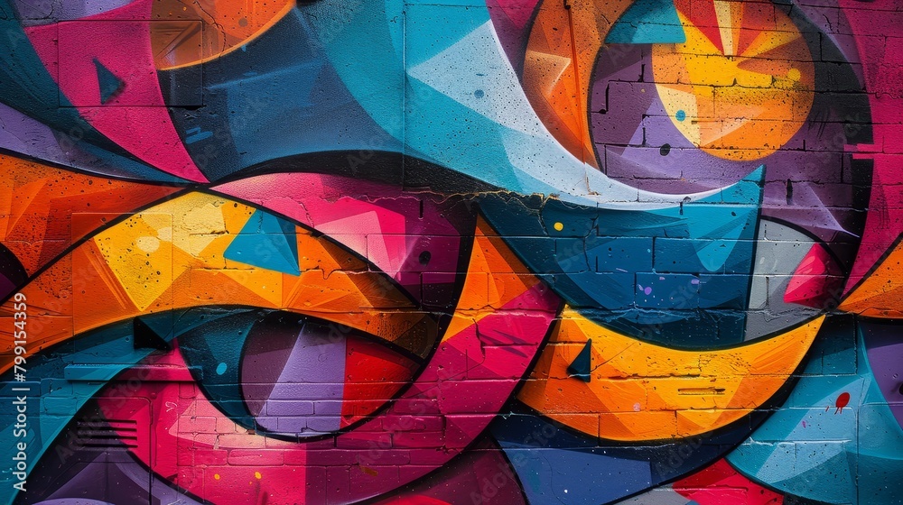 Fototapeta premium Featuring polychromatic design and chromatic harmony, graffiti art adorns an urban wall.