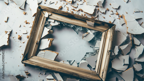 An antique frame with its glass shattered into pieces, strewn across a marble surface.