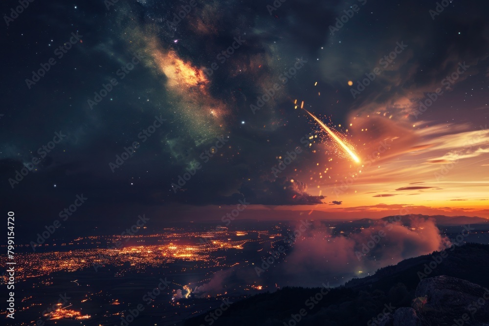 Burning comets and meteors streak across the sky, hurtling towards Earth with fiery intensity, illuminating the darkness of space Burning comets and meteors streak across the sky, hurtling towards Earth with fiery intensity, illuminating the darkness of space