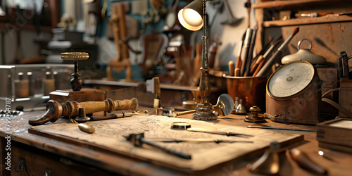 Close-up of a museum conservator's desk with restoration tools and conservation materials, symbolizing a job in art conservation