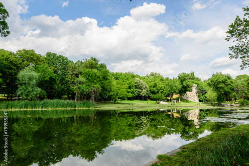 Vivid landscape in Nicolae Romaescu park from Craiova in Dolj county, Romania, with lake, waterlillies and large green tres in a beautiful sunny spring day with blue sky and white clouds photo