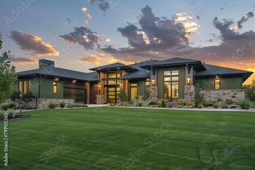Rich forest green home contrasts beautifully with dusk's light, featuring detailed landscaping and brick paths.
