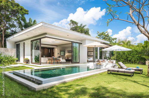 A modern and luxurious bungalow with an outdoor pool and lawn chairs under umbrellas, a dining table in front, surrounded by lush greenery and tropical plants © Kien
