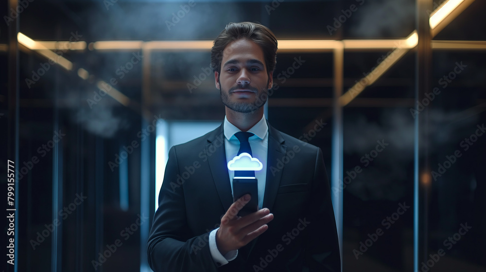 Fototapeta premium A business professional stands in a glass elevator, displaying a luminous cloud icon on his smartphone screen