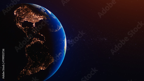 Fototapeta Naklejka Na Ścianę i Meble -  Planet Earth at night from space. City lights on planet. Star and galaxy. Continents of North America and South America. Elements of this image furnished by NASA. 3D rendering.