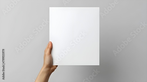blank empty paper in man hand and wear navy blue shirt on white background.asian people ai generated 