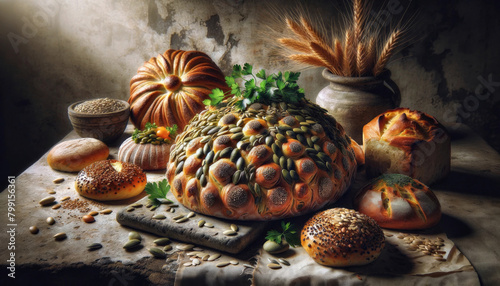composition of various savory breads and pastries, topped with a mix of seeds and green photo
