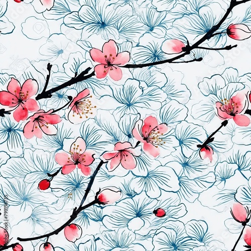 Sakura Cherry Blossom Seamless Pattern Background