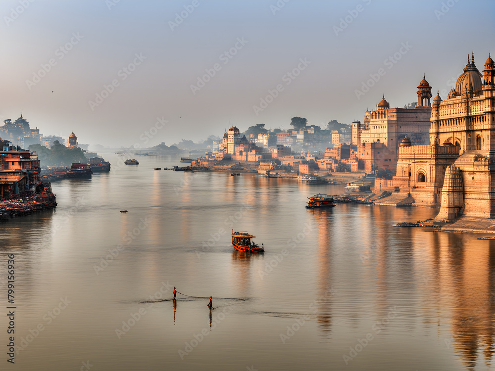 The scenery on both sides of the Ganges River in India, the mother river of India, natural attractions, and well-known attractions