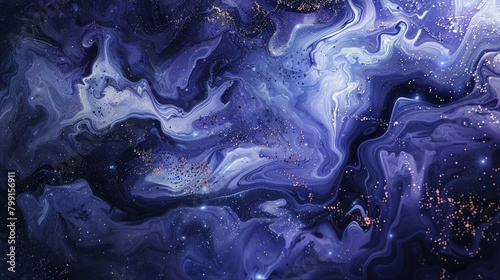 Marble ink flows freely, a river of inspiration within an abstract cosmos, its twinkling glitters guiding explorers through uncharted territories of imagination on a wide-screen canvas.
