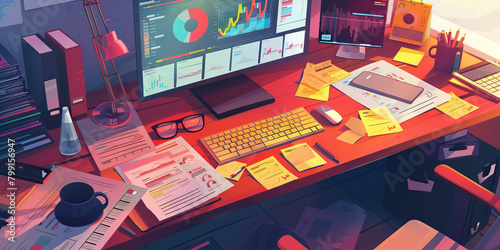 Close-up of a data journalist's desk with data visualization tools and investigative reports, representing a job in data journalism