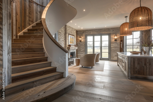 A modern farmhouse foyer with a curved staircase, the steps made of reclaimed wood, and the handrail of smooth, white-painted wood. 