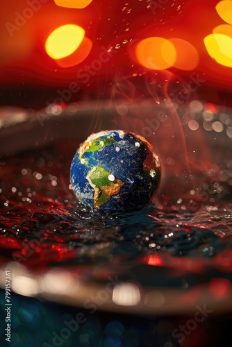 Closeup view of a miniature Earth globe in a bubbling pot of water, depicting the concept of rising global temperatures, , moody lighting