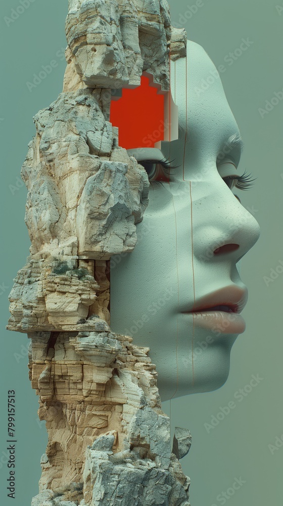 Conceptual artwork blending a fragmented woman face juxtaposed with textured stone, evoking a surreal and timeless aesthetic. Surrealism with statue with enigmatic female profile mixed to rock