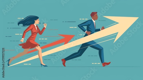 The concept of a business competition versus competition to increase sales for victory, to measure employee performance versus other employees, the concept of a man and woman competing on an arrow