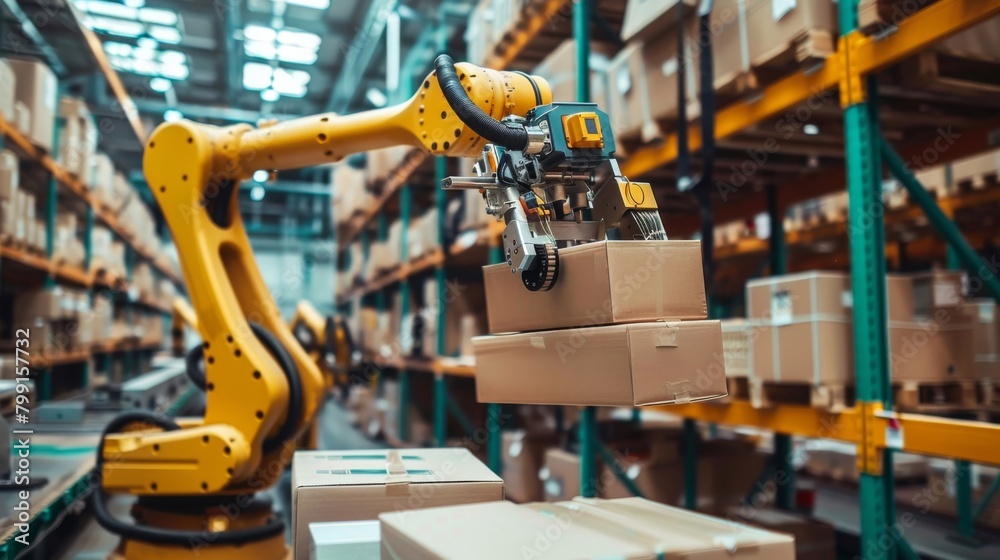 A line of robots with orange helmets stand in a factory A line of robots with orange helmets stand in a factory