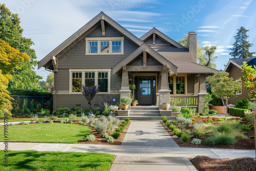A newly built taupe brown craftsman cottage style home, with a triple pitched roof, showcasing meticulously planned landscaping, a sidewalk leading up to the house, and superior curb appeal.