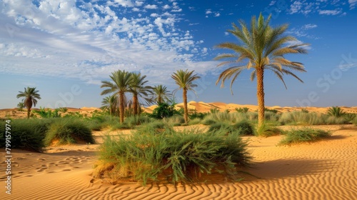 A field of green plants with palm trees in the background