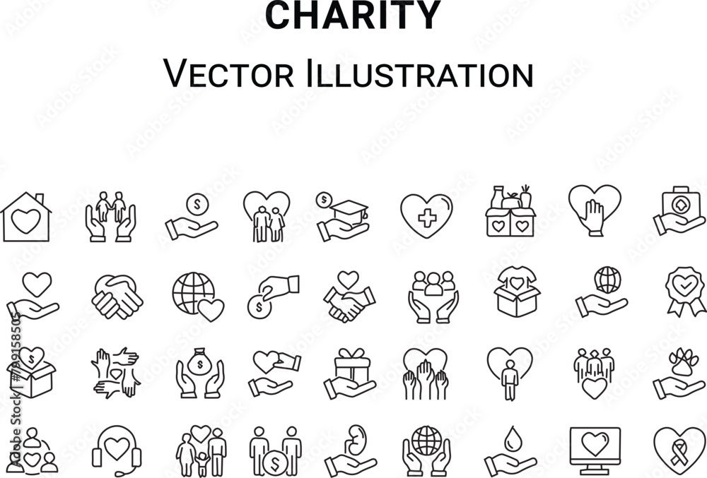 Charity Icon Sheet Vector Set .Donate, charity, solidarity, trust, social care, community, helping hands, partnership and help. Vector illustration 