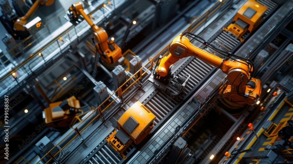 Top View Of Robotic Arms Working On Conveyor Belt In Automatic Warehouse