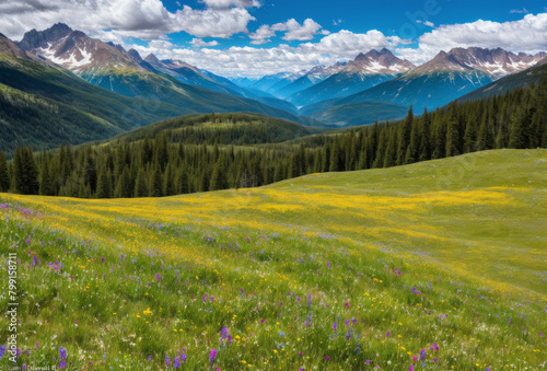 Panoramic view of a high mountain meadow filled with different types of wildflowers. AI generated.