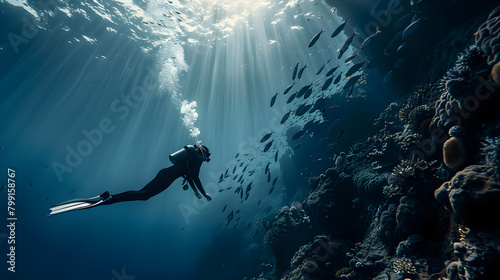 A free diver descending into the depths of the ocean surrounded by marine life. Epic shot.    © AlphaStock
