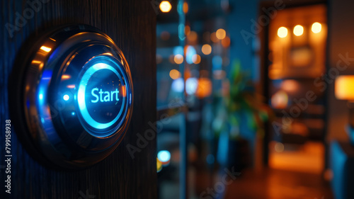 An illuminated start button on a device.