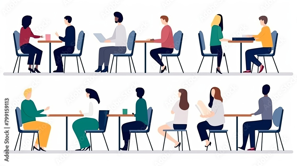 Minimalist character illustrations in Notion style, white background, with a group of people sitting at a table