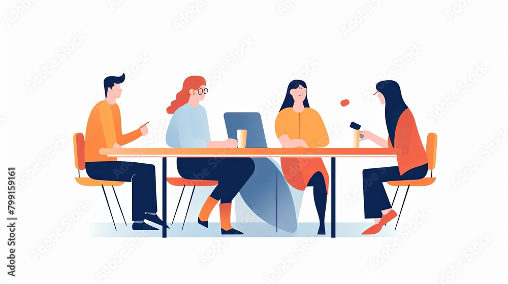 Minimalist character illustrations in Notion style, white background, with a group of people sitting at a table Minimalist character illustrations in Notion style, white background, with a group of people sitting at a table