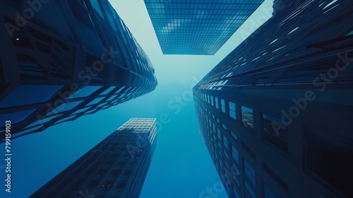 Perspective and underside angle view of modern glass skyscrapers of the building against the blue bright clear sky. High quality photo