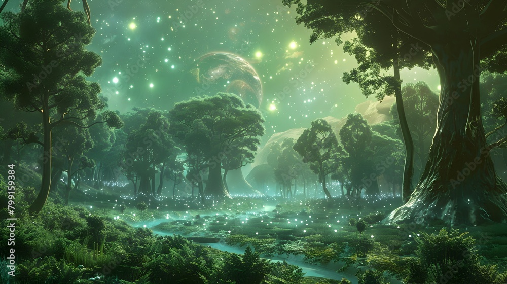 Enchanting Alien Emerald Forests with Glowing Bioluminescent Vegetation and Winding Silver Streams Enchanting Alien Emerald Forests with Glowing Bioluminescent Vegetation and Winding Silver Streams
