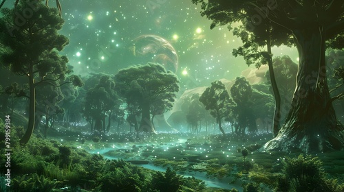Enchanting Alien Emerald Forests with Glowing Bioluminescent Vegetation and Winding Silver Streams