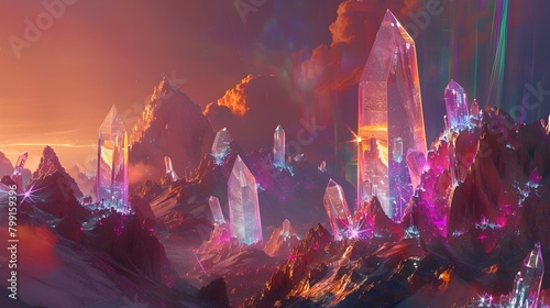 Otherworldly Prismatic Canyons Jagged translucent formations glisten and refract the light of a twin sunned alien world