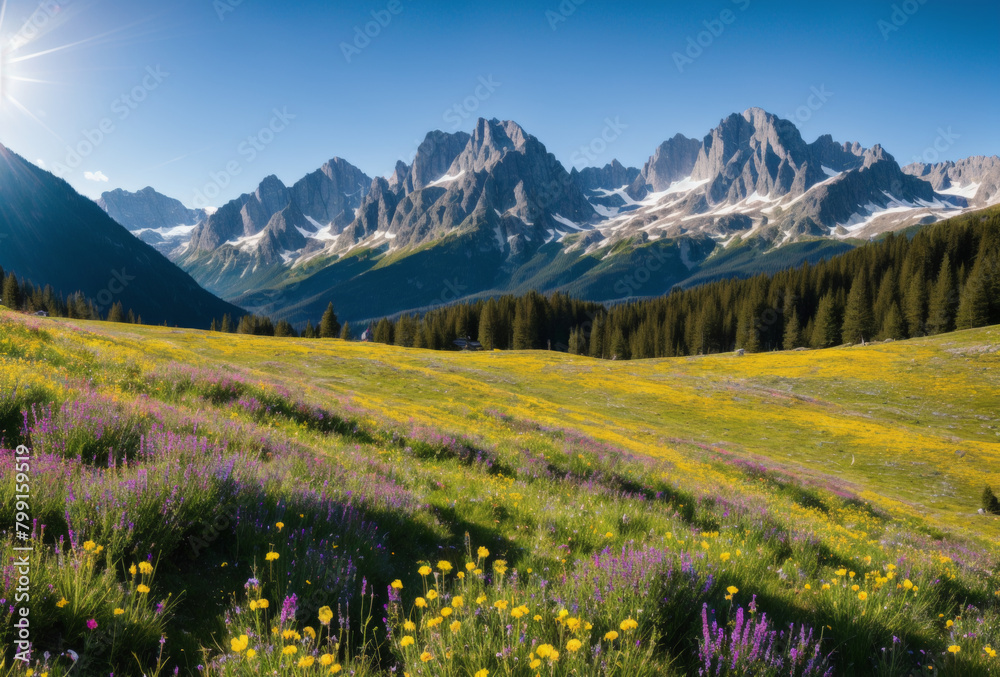 Sweeping alpine meadow with a spectrum of wildflowers, enhanced by sunlight and mountain backdrop. AI generated.