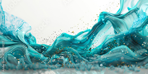 Majestic turquoise marble ink flowing freely over an abstract landscape, speckled with sparkling glitters. photo