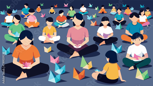 Families sit crosslegged on the ground learning the art of origami from a skilled Japanese instructor folding bright paper into various animals