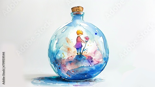 The Little Prince is standing on his planet with his rose inside a terrarium bottle 