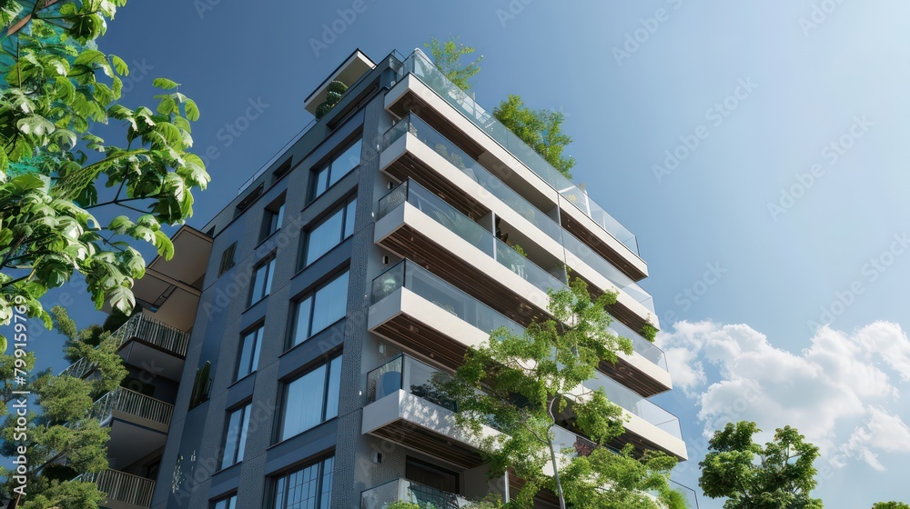 A fresh-looking new building with apartments in a green area under a blue sky,urban residential apartment building,Vertical garden in modern city. Green tree forest on glass building. Generated AI