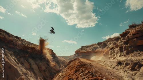 A motocross rider catching air over a series of dirt jumps on a rugged track. Epic shot.


