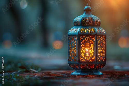 An intricately designed Ramadan lantern glowing softly in the twilight, casting warm light on an outdoor setting with a blurred background. Created with Ai