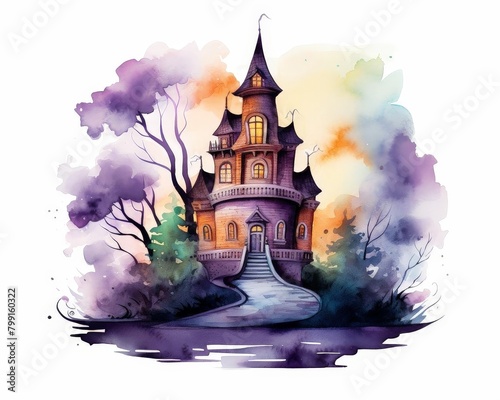 A watercolor painting of a haunted house photo