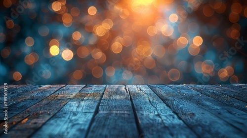 dark blue wooden table against shiny golden and blue background with bokeh effects for various use