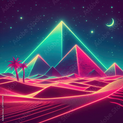 Generative AI cool neon retro wave dessert, cool neon colorful desert, neon pyramid retro wave, colorful desert pyramid with retro wave style