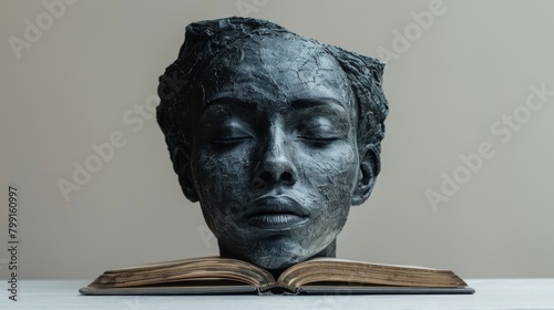 Half-open black book placed inside human head against white background photo