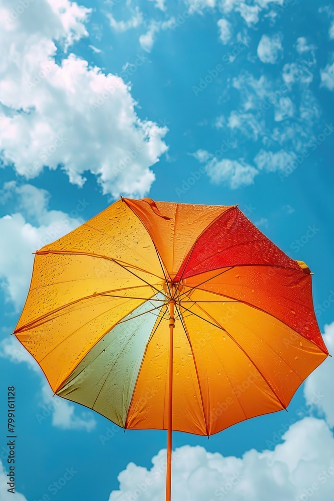 Protect yourself from the sun's harmful rays with this colorful umbrella. It's perfect for a day at the beach, a picnic in the park, or any other outdoor activity.