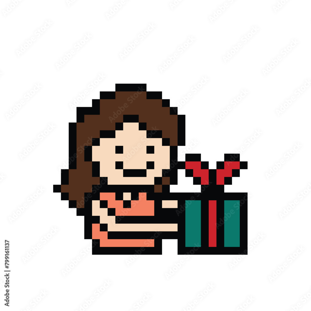 Vector Cute pixel cartoon character woman hold gift box bonus reward vector decoration 8 bit female girl give gift box shopping birthday christmas day game.