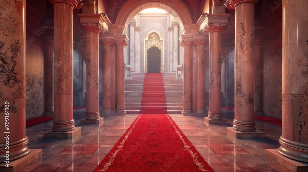 red carpet in palace or castle interior with golden stairs and chair,Grand palace staircase, blending luxury and history with elegant marble steps, ornate red carpet, and lavish decor in. Generated AI